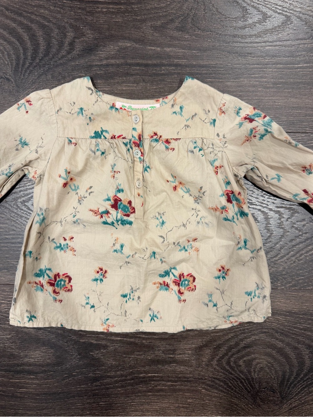 Bonpoint Cream Floral Button-Front Blouse with Teal and Red Accents